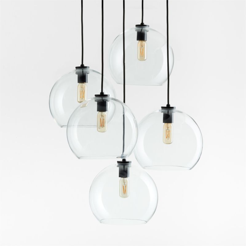 Arren Black 5-Light Round Pendant with Large Round Clear Glass Shades | Crate & Barrel | Crate & Barrel