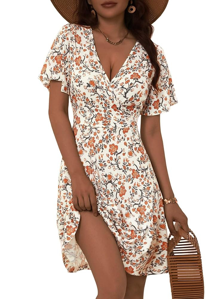 FENSACE Womens Sundress Summer Floral Short Sleeve Wrap V Neck A-Line Midi Dress | Amazon (US)