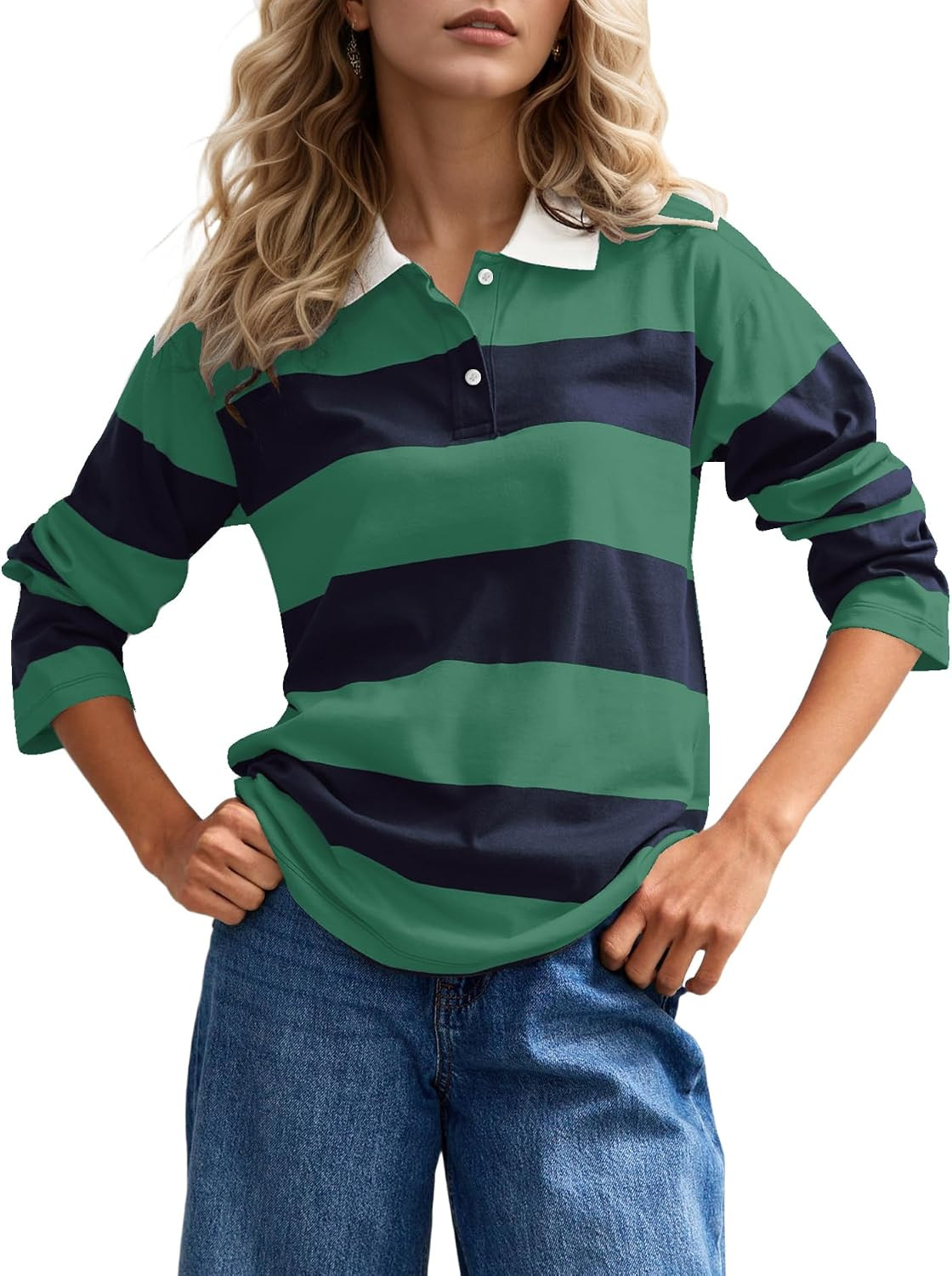 Burtell Fall Striped Polo Long Sleeve Shirts for Women Casual Button Lapel V Neck Color Block Tops Vintage Rugby Shirt Blouse | Amazon (US)