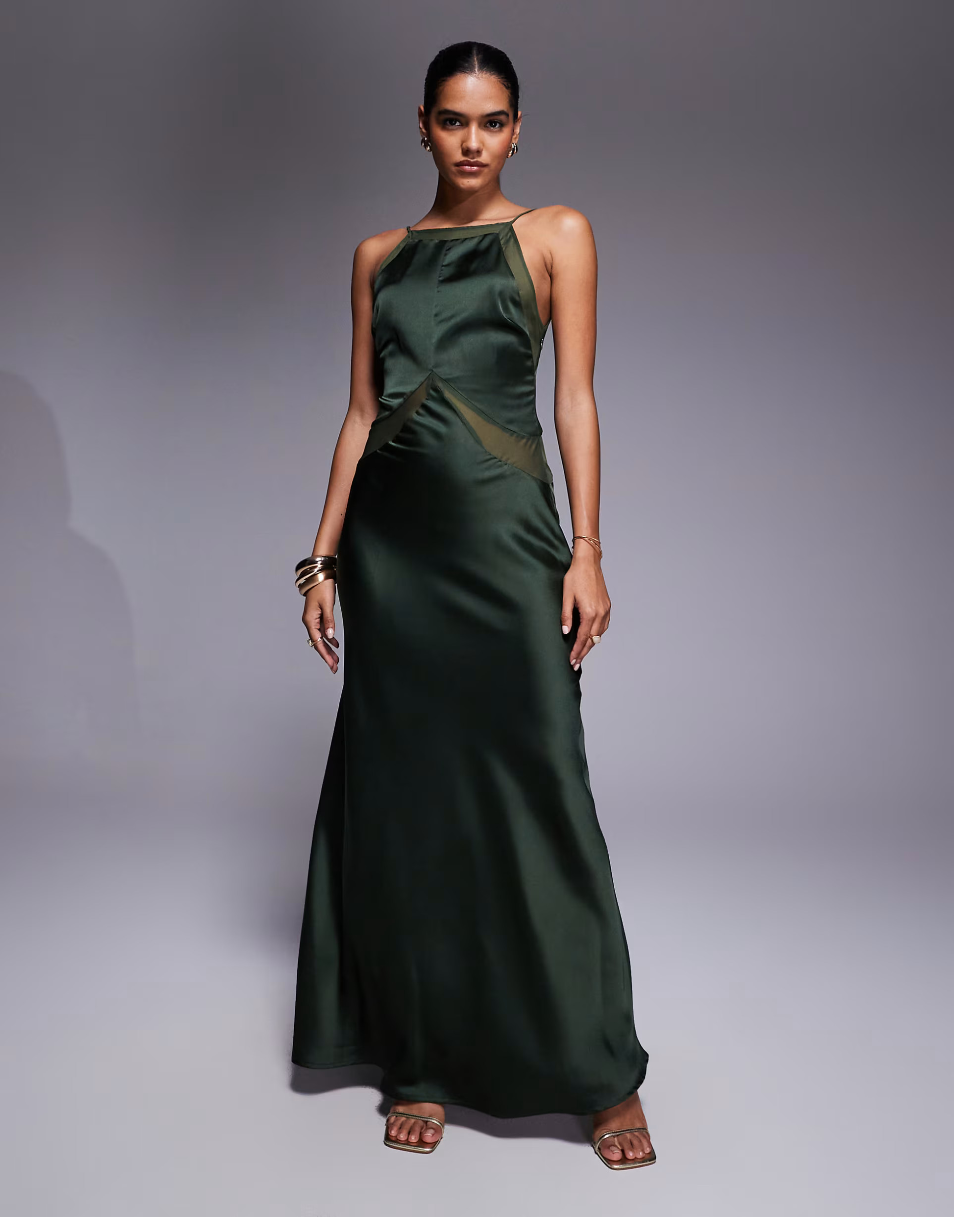 Home› Women› Dresses› ASOS DESIGN satin chiffon mix square high neck maxi dress in dark gre... | ASOS (Global)