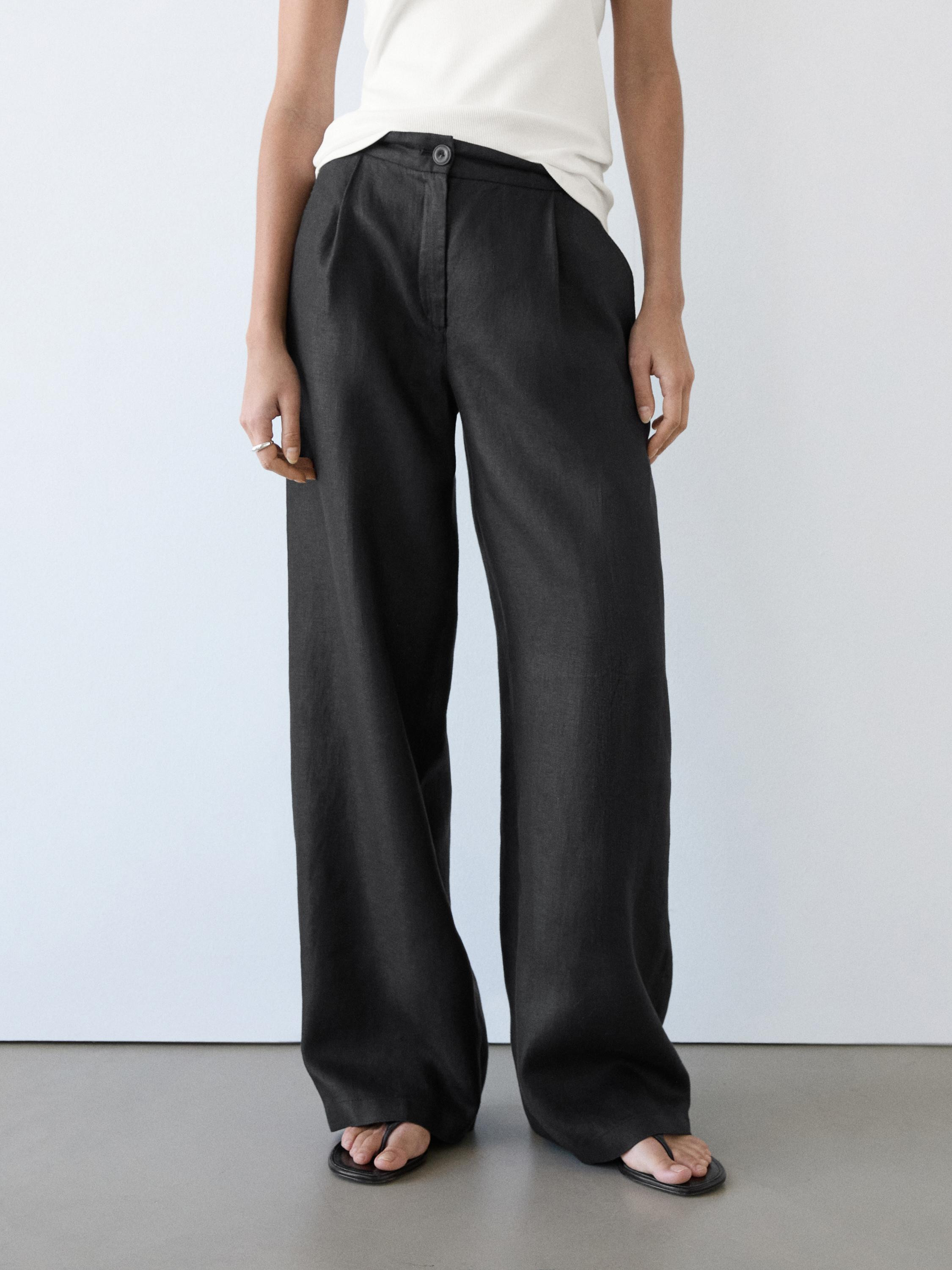 100% linen wide-leg elasticated trousers | Massimo Dutti UK