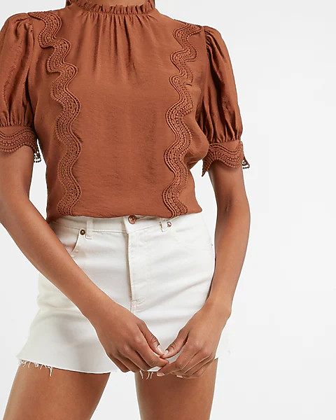 Lace Pieced Mock Neck Top | Express