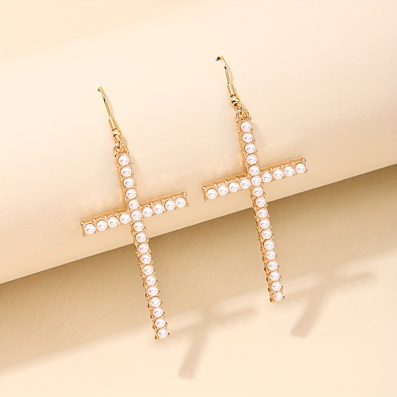 Elegant Faux Pearl Cross Dangle Earrings Women Golden Metal - Temu | Temu Affiliate Program