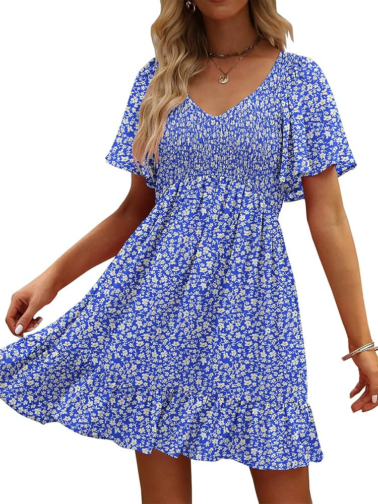 UEAL Womens Cute Floral Smocked V Neck Flutter Sleeve Sundress with Pockets Casual Spring Summer ... | Amazon (US)