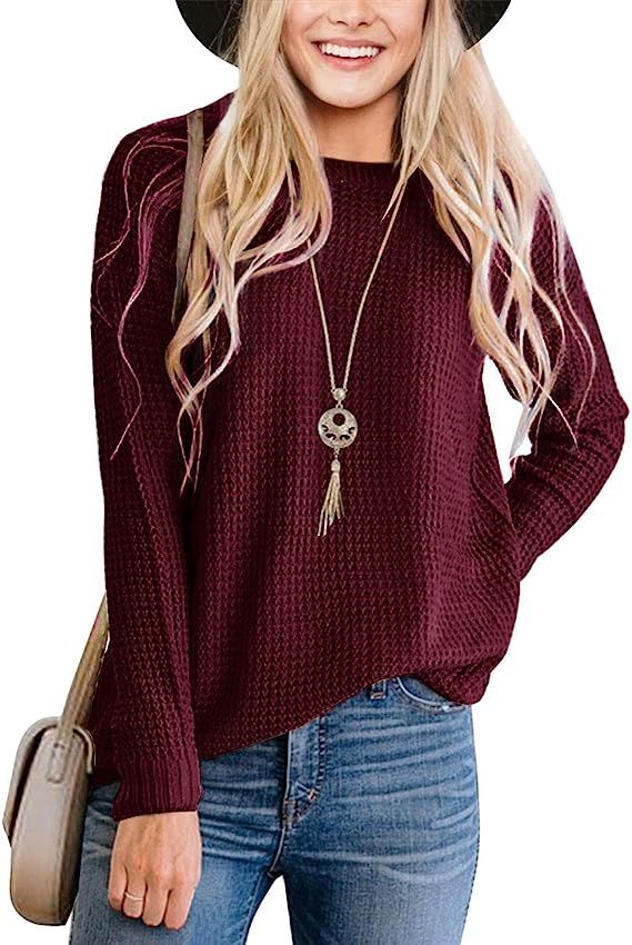 TECREW Women's Waffle Knit Pullover Sweaters Long Sleeve Casual Jumper Tops | Amazon (US)