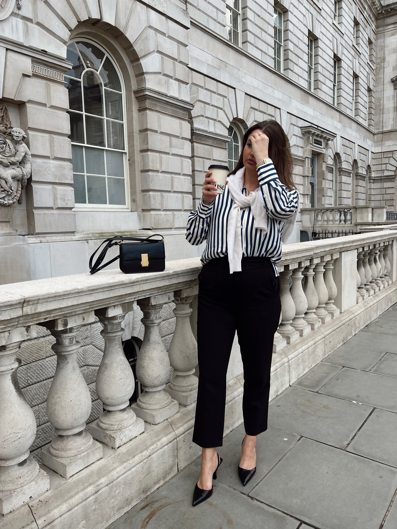 Smart and chic office outfit which can go from desk to date for after work drinks. Lily silk striped navy shirt, navy tailored trousers, cream cashmere jumper, LK Bennett cream heeled boots, coach tabby pillow 18 ivory handbag, gold jewellery & accessories. Use discount code LStyle12 for 12% off lilysilk.

#LTKeurope #LTKstyletip #LTKitbag