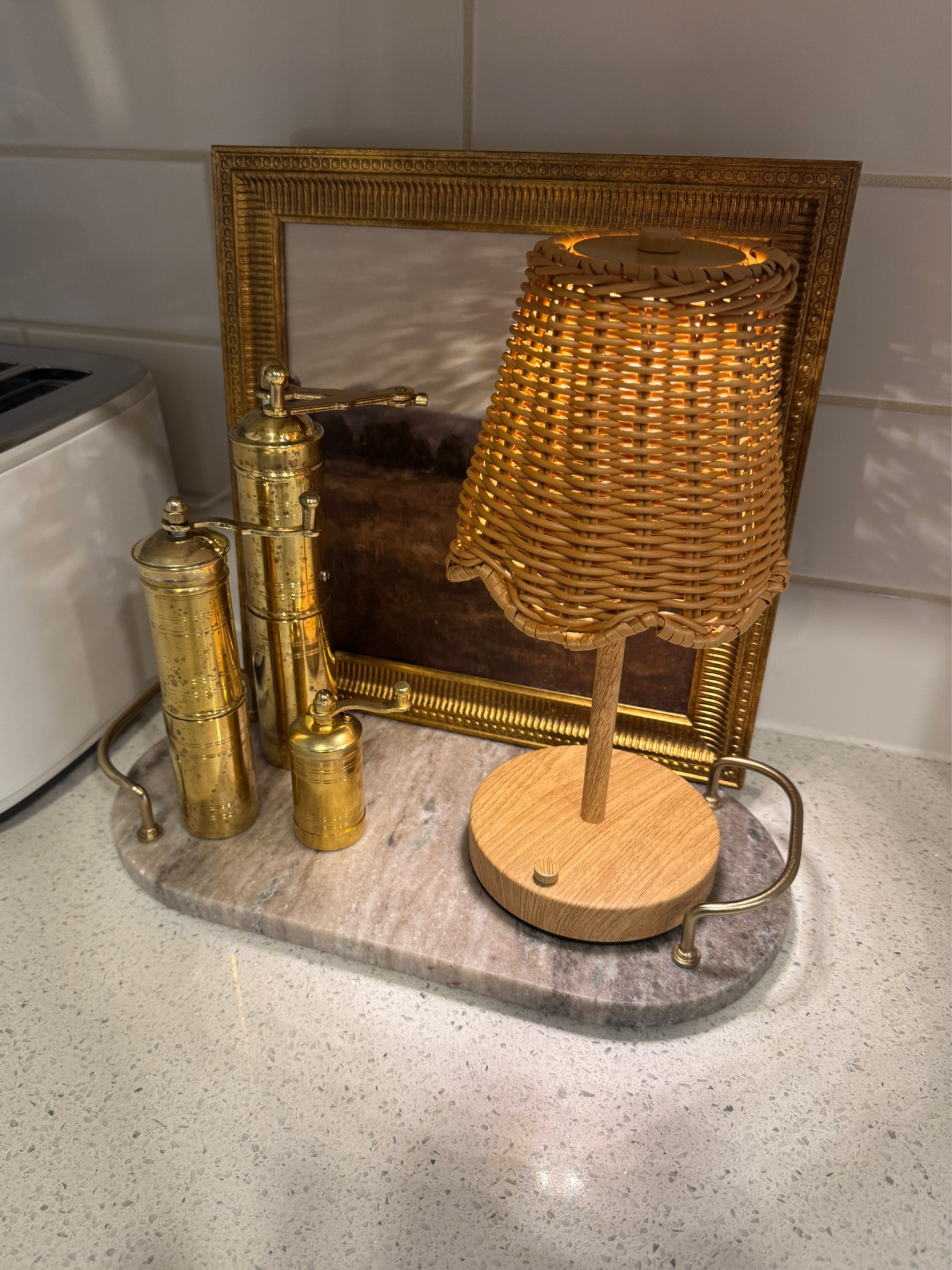 Love my little kitchen decor tray!!! ✨Such great handmade Turkish brass salt and pepper grinders from Walmart!!! 

The price for one and you get a set of THREE! 

#LTKU #LTKHome #LTKFindsUnder100