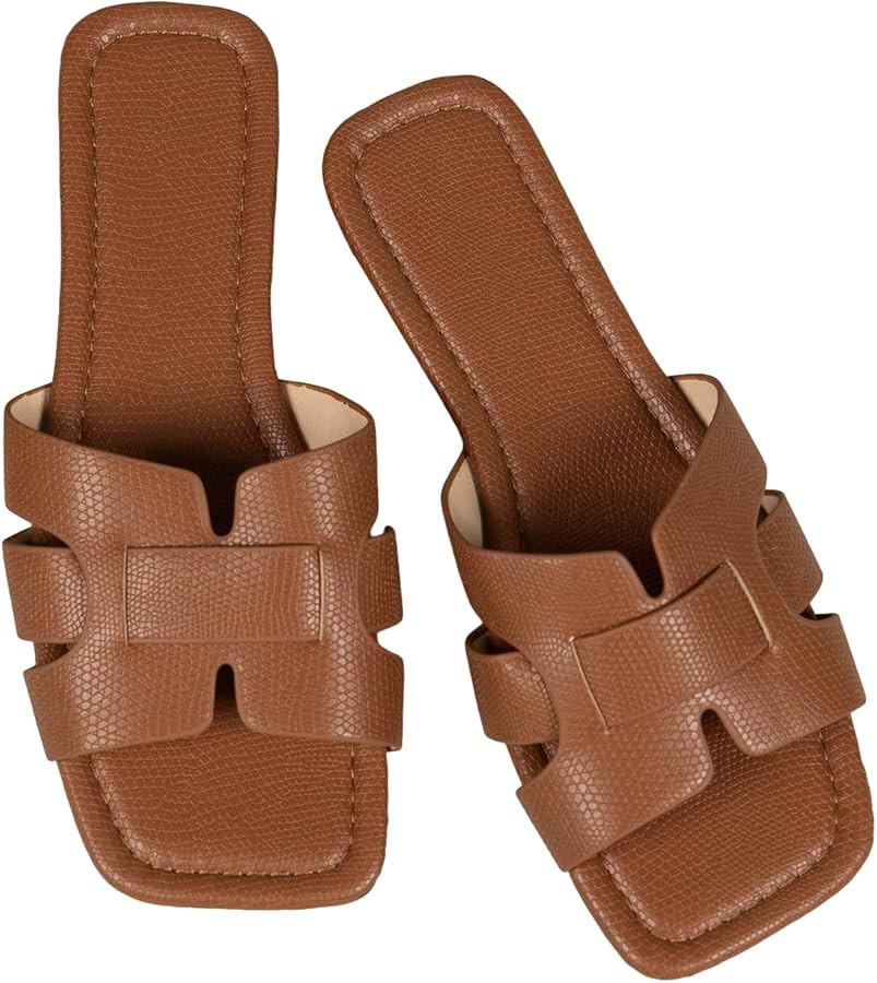 GORGLITTER Women's Crocodile Embossed Flat Sandals Cross Strappy Open Toe Slide Sandals | Amazon (US)