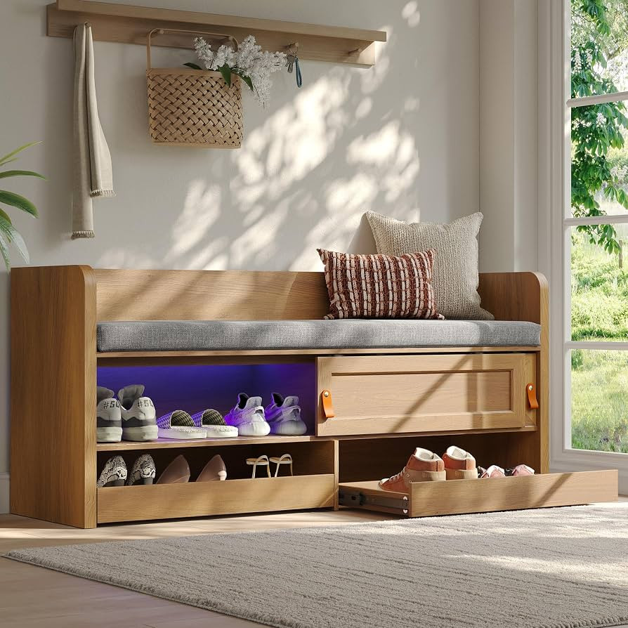 STO'SENSE Shoe Bench with UV Light, 2-Tiers Entryway Bench with Cushion, Sliding Doors & 2 Pop-Ou... | Amazon (US)