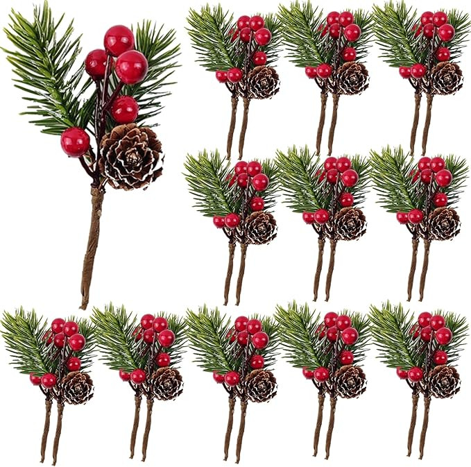 RONYOUNG 20PCS 4.5inch Red Berry Stems Pine Branches Evergreen Berries Décor Artificial Pine Con... | Amazon (US)