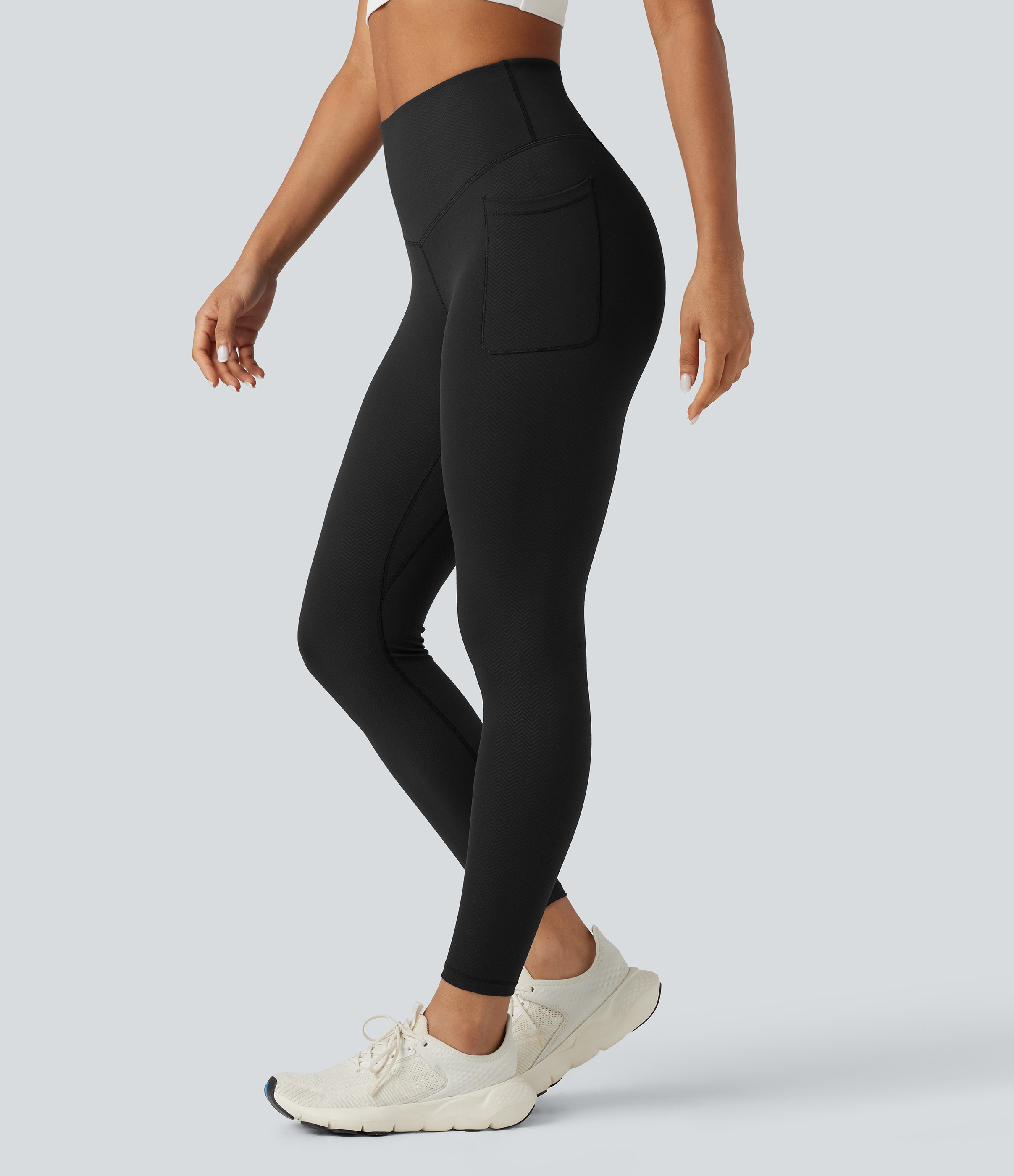 Halara Halara Ultrasculpt™ Herringbone High-waisted V-shaped Tummy Control Yoga 7/8 Leggings with Pockets - Black - XL(7/8) gym leggings | HALARA