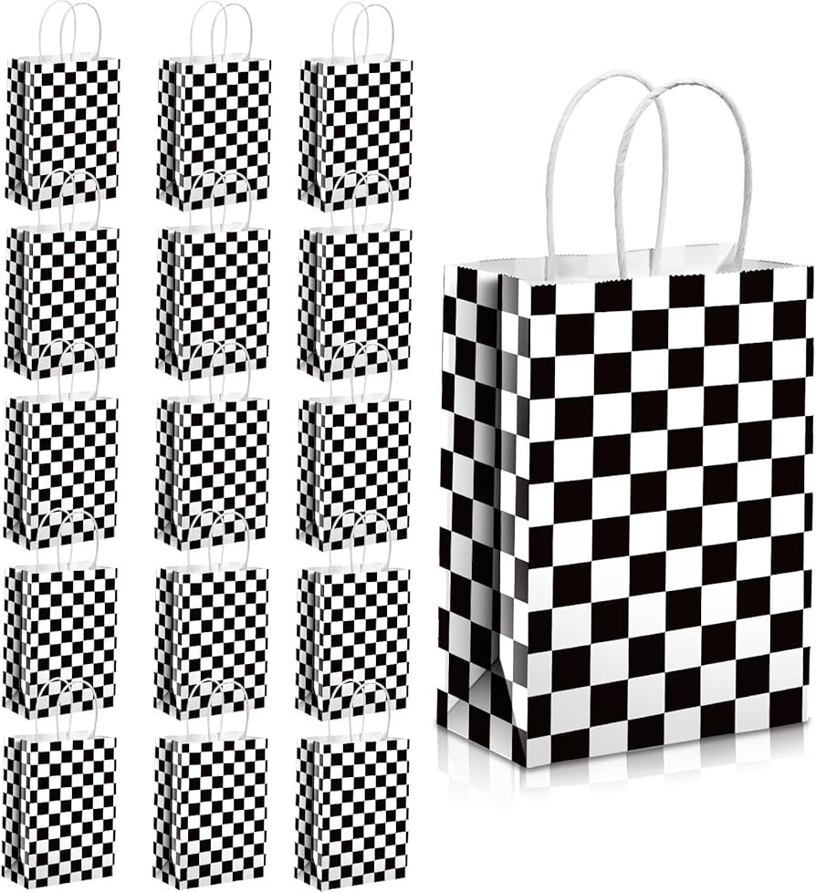 16 Pieces Checkered Racing Treat Bags Race Car Party Favors Bag with Handles Black and White Chec... | Amazon (US)