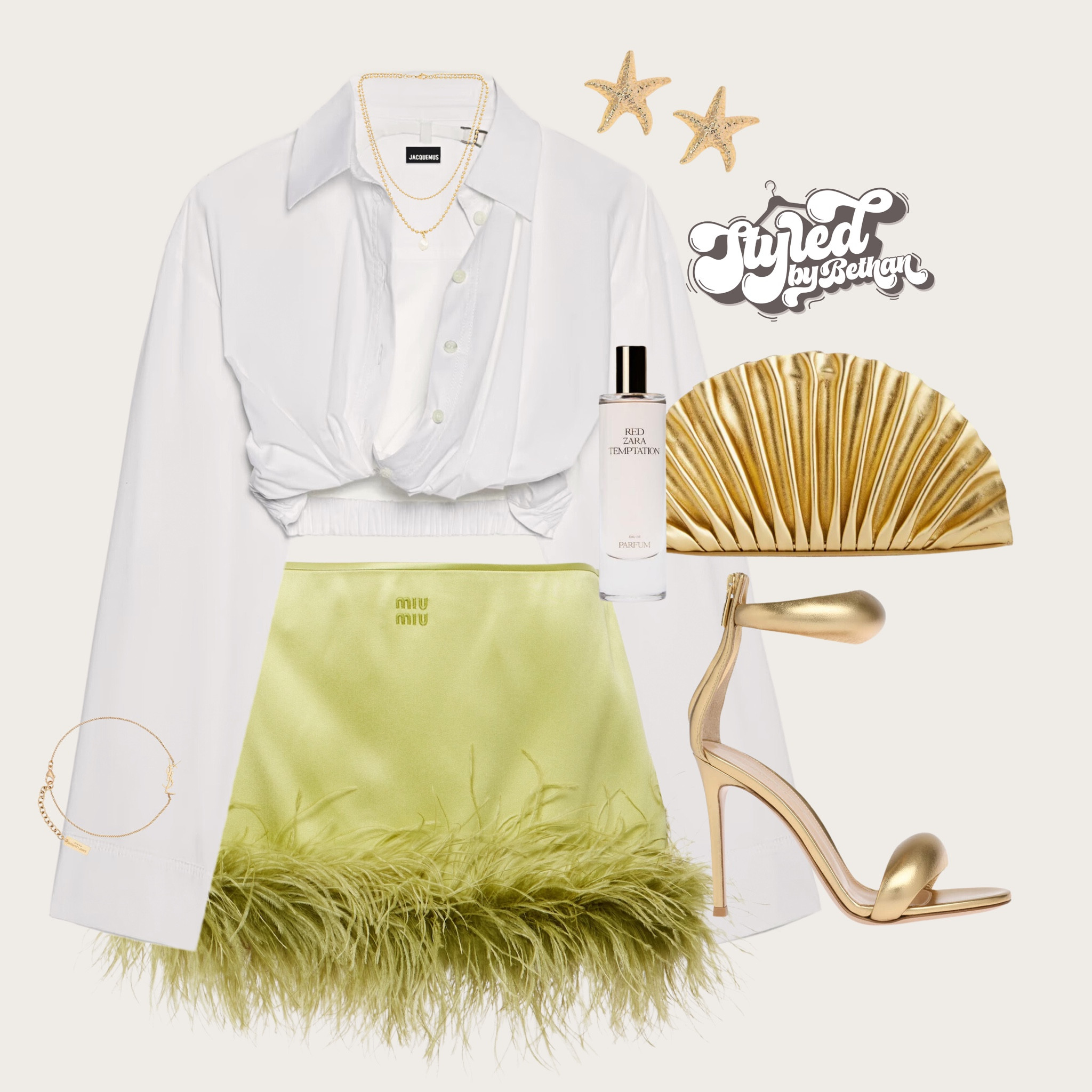 🥂💚✨  tags: jacquemus white twist shirt, miu miu lime green satin feather trim mini skirt, gianvito rossi gold heels, cult gaia bag, shein starfish gold earrings, ysl gold bracelet, revolve gold layered necklace. Outfit inspiration for Ibiza, Marbella, Greece, summer vacation, dinner and drinks, date night. 

#LTKwedding #LTKsummer #LTKeurope