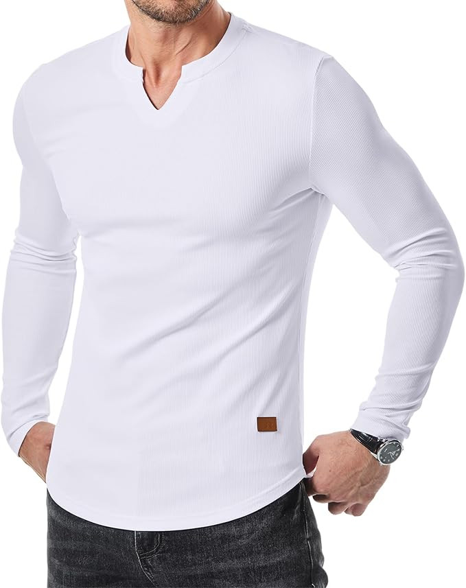JMIERR Mens Long Sleeve Muscle T Shirts Casual V-Neck Longline Ribbed Tee Shirts | Amazon (US)