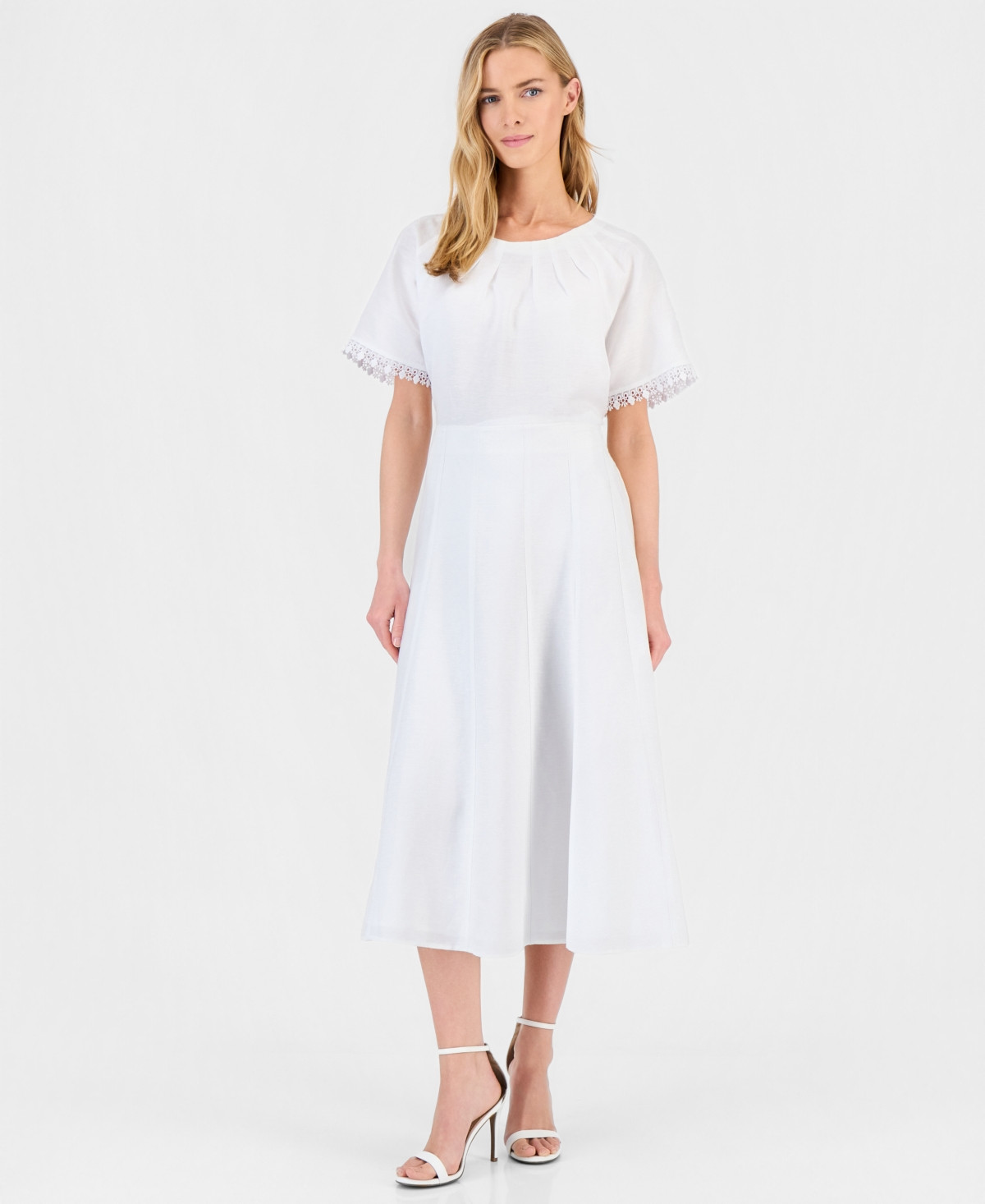 Anne Klein Women's Linen-Blend Pull-On A-Line Midi Skirt - Crisp White | Macy's