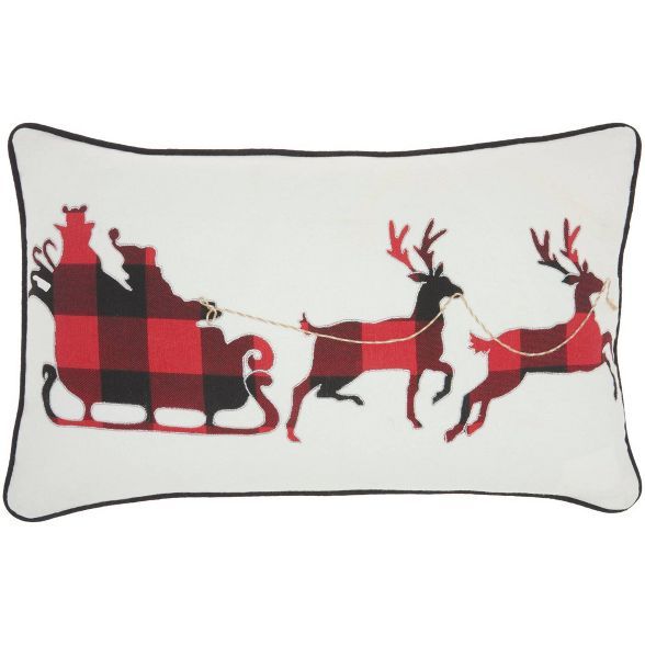 14"x20" Oversize Plaid Santa and Deer Christmas Lumbar Throw Pillow White - Mina Victory | Target