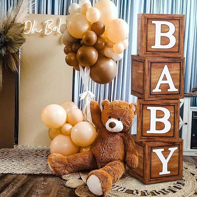 Baby Shower Boxes Party Decorations - 4 Wood Grain Brown Blocks with BABY Letter, Printed Letters... | Amazon (US)