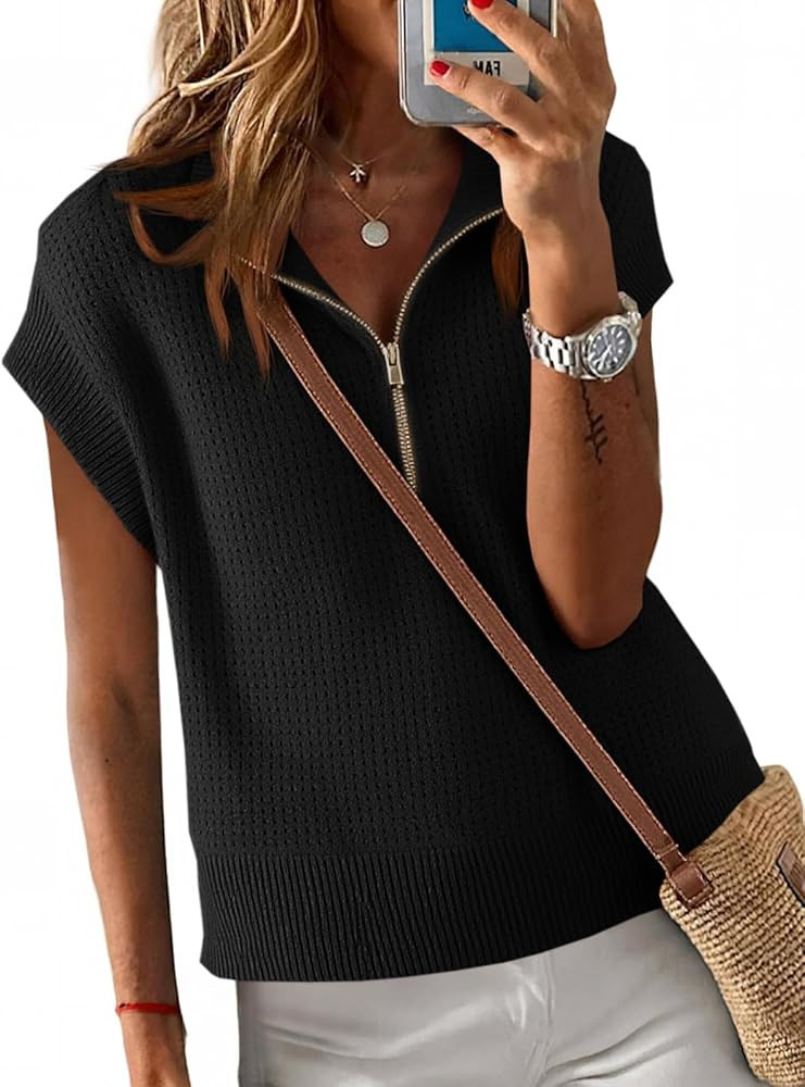 Langwyqu Womens Short Sleeve Cropped Knit Tops Half Zip Cap Sleeve Lightweight Oversized Sweater ... | Amazon (US)
