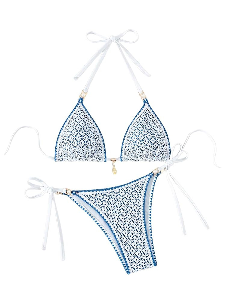 Milumia Women's Boho Triangle Bikini Set 2 Piece Halter Tie Side Bathing Suit | Amazon (CA)