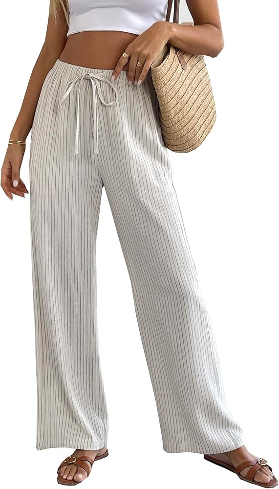 heipeiwa Women's Linen Pants Striped Summer Boho Straight Wide Leg Beach Lounge Casual Trousers | Amazon (US)