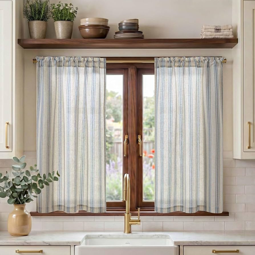 jinchan Striped Linen Kitchen Curtains 45 Inch Cafe Tier Curtains Balanced Stripe Farmhouse Small... | Amazon (US)