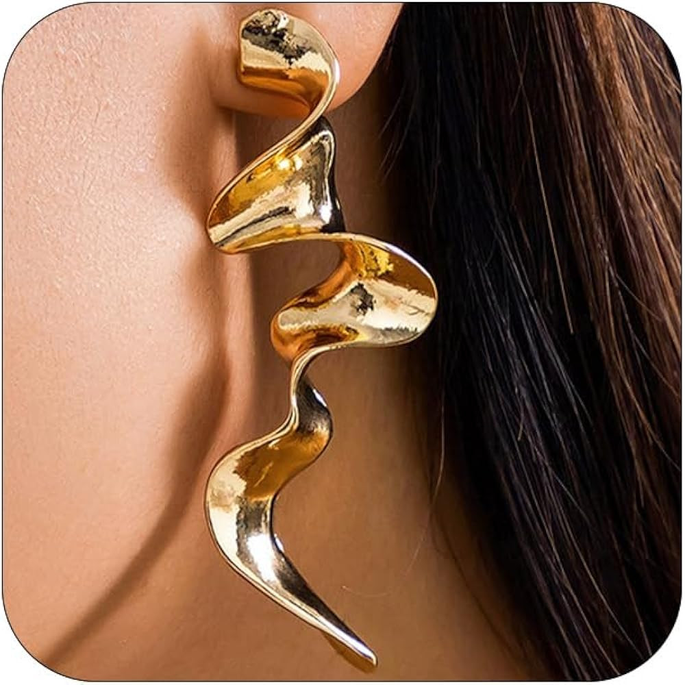 Gold Statement Wavy Irregular Geometric Curve Earrings for Women, Dainty Silver Exaggerated Twist... | Amazon (US)