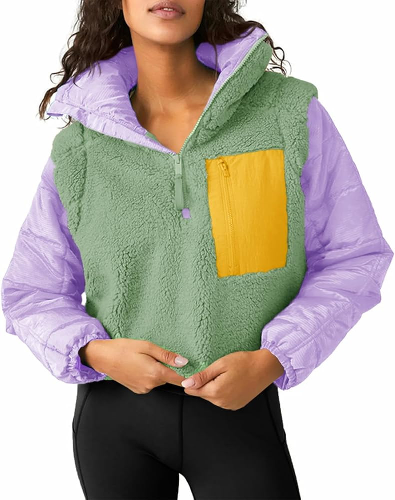 Tankaneo Womens Fleece Puffer Pullover Jacket Sherpa Fuzzy Coat Fall Winter Half Zip Color Block ... | Amazon (US)