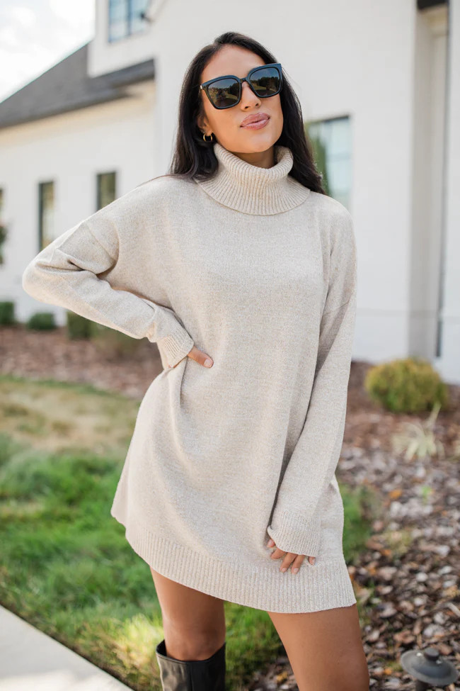 Changing Locations Beige Turtleneck Sweater Dress | Pink Lily