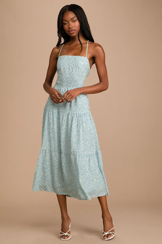 Take Me With You Mint Blue Floral Print Lace-Up Midi Dress | Lulus (US)