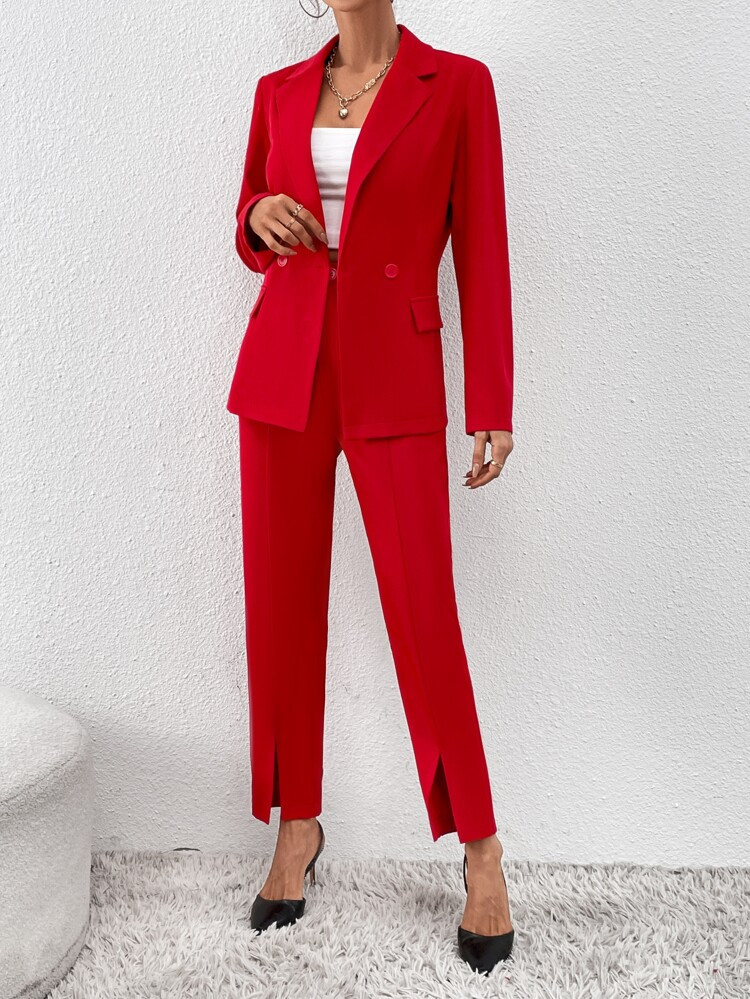 Double Button Blazer & Split Hem Suit Pants | SHEIN