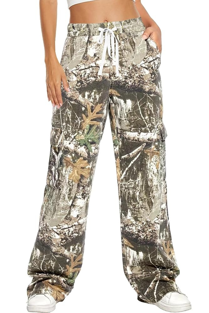 HVEPUO Camo Pants Women High Waisted Wide Leg Casual Y2K Camoflage Cargo Pants Baggy Elastic Wais... | Amazon (US)