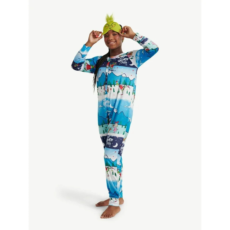 Justice Girls Grinch Snow Scene Fairisle Button Front Onesie Pajama with Eye mask, Sizes 5-18 and... | Walmart (US)
