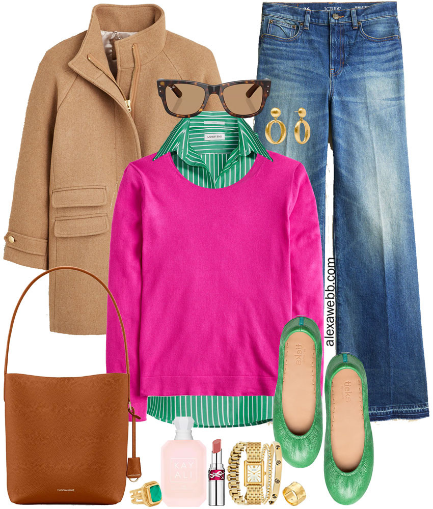 Plus Size Pink Sweater Preppy Outfits - A plus size casual outfit with a plus size bright pink sweater layered over a green striped shirt, wide leg jeans, green flats, and a camel wool coat. A cute, preppy, and bright plus size outfit for casual days this winter into spring. Alexa Webb 

 #LTKOver40 #LTKMidsize #LTKPlusSize