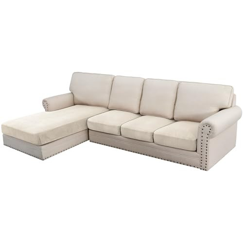 H.VERSAILTEX Velvet Stretch Sectional Couch Covers - 4 Piece Set, L Shape, Ivory Striped (Large Sofa 3 Seater + 1 Chaise) | Amazon (US)