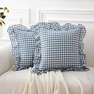 2 Pack Dust Blue White Plaid Gingham Ruffle Throw Pillow Covers, 100% Washed Cotton Decorative Bu... | Amazon (US)