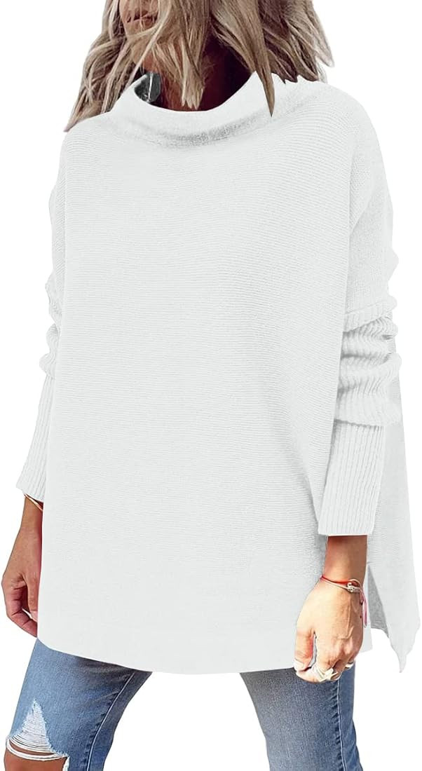 LILLUSORY Women's Mock Turtleneck Casual Oversized Sweater Long Batwing Sleeve Split Hem Ribbed K... | Amazon (US)