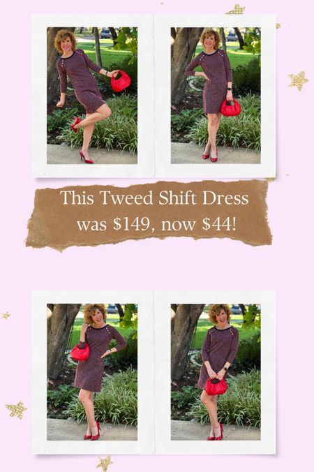 Tweed dress, shift dress, navy blue dress, 3/4 sleeve dress, three quarter sleeve dress, sale dress, red handbag, red pumps, red heels, red earrings

This classic 3/4 sleeve tweed shift dress was originally $149. Now it’s just $44! 

It’s still available in almost every size, but you can bet it won’t be for long! Hurry!
#competition

#LTKsalealert #LTKFind #LTKSeasonal