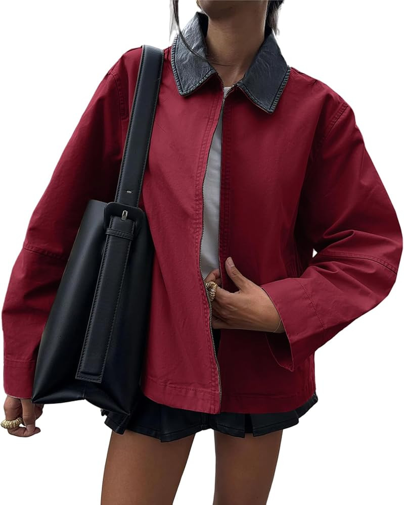 Womens Barn Jackets Contrast Collar Cropped Bomber Jacket Zip Up Lightweight Canvas Coats 2025 Ou... | Amazon (US)