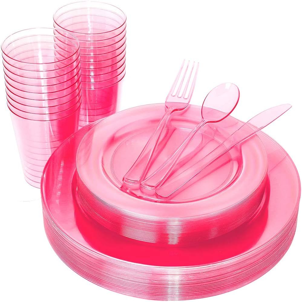 WDF 25 Guest Pink Plates with Disposable Plastic Silverware&Pink Cups-Neon Clear Dinnerware inclu... | Amazon (US)