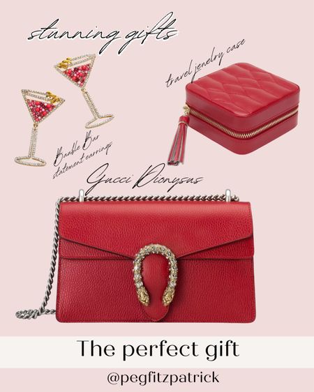 Stunning gifts in red. ❤️ The Gucci purse is classic and gorgeous! The Bauble Bar earrings are the perfect party statement piece and the travel jewelry case is practical and pretty. 

#LTKstyletip #LTKSeasonal #LTKHoliday