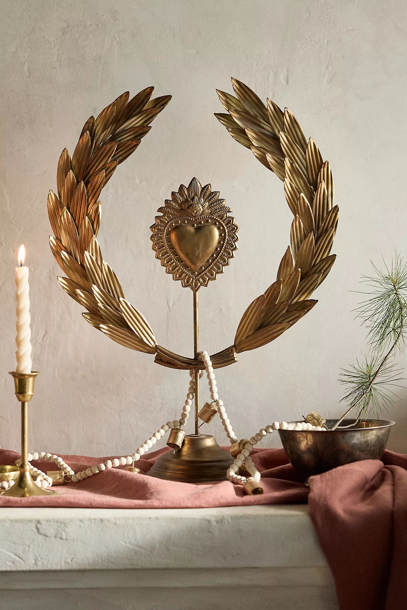 Gilded Heart + Leaf Wreath on Stand | Anthropologie (US)