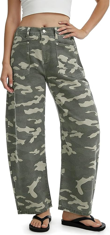 loveimgs Women Baggy Camo Barrel Jeans Mid Rise Wide Leg Jeans Cargo Denim Ankle Pants Boyfriend ... | Amazon (US)
