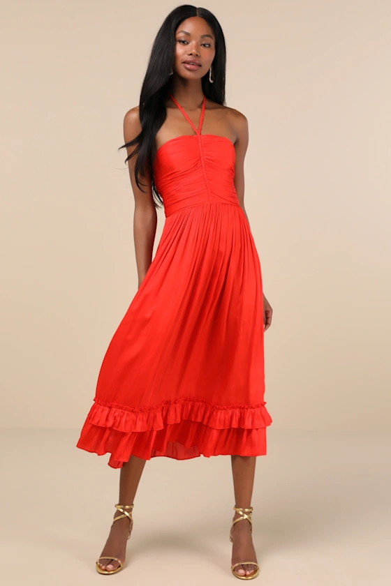 Pleasing Chicness Red Satin Halter Tiered Midi Dress | Lulus