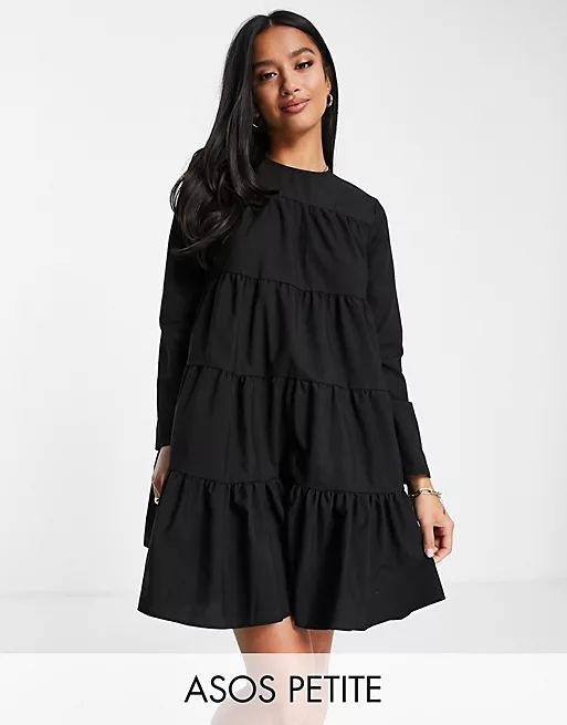 ASOS DESIGN Petite cotton poplin tiered long sleeve mini smock dress in black | ASOS (Global)