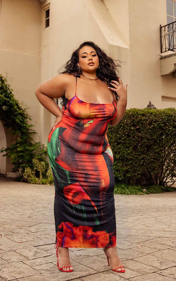 Plus Multi Printed Cowl Neck Midi Dress | PrettyLittleThing US