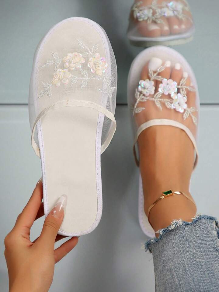 Mesh Floral Beaded Sequined Slipper  | SHEIN