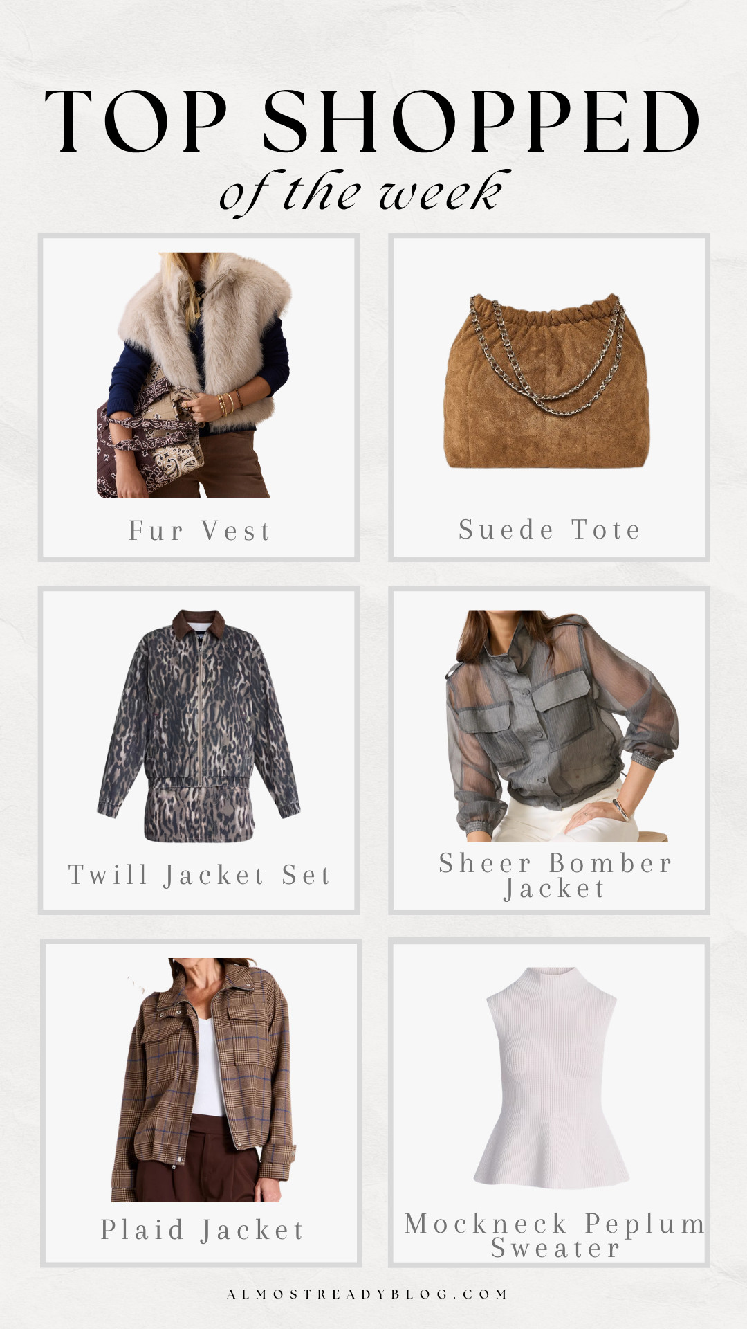 Top Shopped of the Week!! 

Top sellers, watchnow, new arrivals, bomber jacket, fall outfits, fur vest, Amanda west, almost_readyblog 

 #LTKootd #LTKSeasonal #LTKOver40
