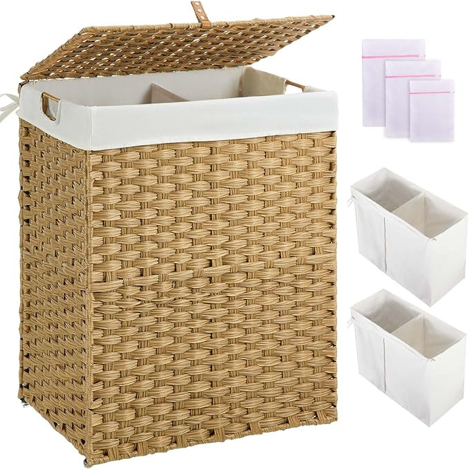 Greenstell Laundry Hamper with lid, No Install Needed, 110L Wicker Laundry Baskets Foldable 2 Rem... | Amazon (US)
