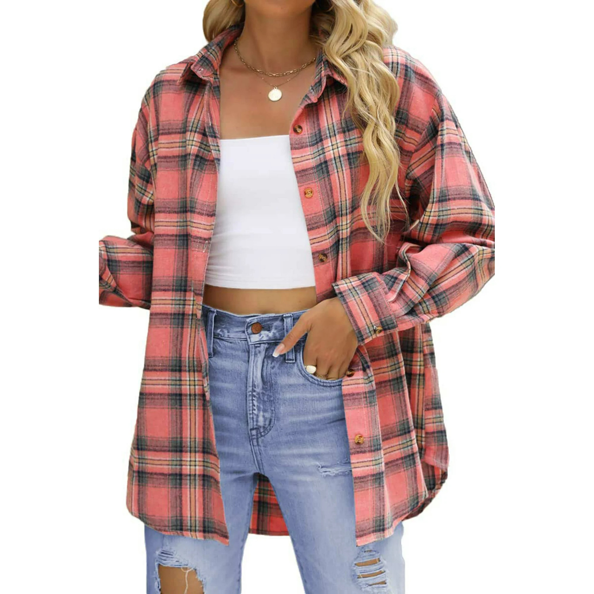 Fantaslook Plaid Flannel Shirts for Women Oversized Long Sleeve Button Down Shirts Blouses Tops -... | Walmart (US)