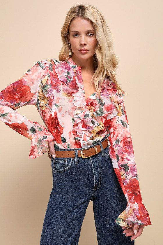 Flourishing Babe Pink Floral Ruffled Long Sleeve Button-Up Top | Lulus